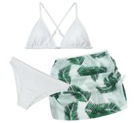 SEAUR Ensemble de Maillot de Bain Jupe Filles Bikini Top avec Coussinets Amovibles + Bas de Bikini + Jupe Courte de Plage Cache-Cœur Blanc 14 Ans