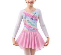 SEAUR Fille Justaucorps Gymnastique Manches Longues Gymnastique Ensemble Gymnastique avec Jupe et Bandeau Multicolore Glitter 5-6 ans