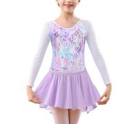 SEAUR Fille Justaucorps Gymnastique Manches Longues Gymnastique Ensemble Gymnastique avec Jupe et Bandeau Multicolore Glitter 7-8 ans