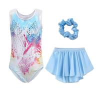 SEAUR Fille Justaucorps Gymnastique Sans Manches Gymnastique Ensemble Gymnastique avec Jupe et Bandeau Multicolore Glitter 9-10 ans