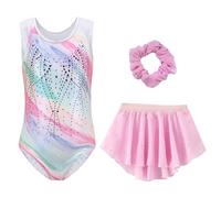 SEAUR Fille Justaucorps Gymnastique Sans Manches Gymnastique Ensemble Gymnastique avec Jupe et Bandeau Multicolore Glitter 9-10 ans