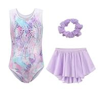 SEAUR Fille Justaucorps Gymnastique Sans Manches Gymnastique Ensemble Gymnastique avec Jupe et Bandeau Multicolore Glitter 7-8 ans