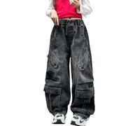 SEAUR Jeans Cargo Baggy pour Fille Taille Élastique Y2K Pantalon de Cargo avec Multi-Poches École Streetwear pour Enfants et Ados 160(11-12 Ans)