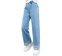 SEAUR Jeans Mode pour Enfant Fille Pantalons Droits en Denim Jeans Rabat Étiquette à Jambe Large Taille Élastique Décontractés avec Poches Bleu 3 4XL