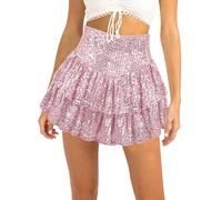 SEAUR Jupe courte à volants avec paillettes pour femme, jupe brillante à taille haute avec paillettes, jupe fluide pour soirée et club, jupe courte à couches brillantes, rose, XS