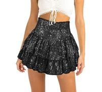 SEAUR Jupe courte à volants avec paillettes pour femme, jupe brillante à taille haute avec paillettes, jupe fluide pour soirée et club, jupe courte superposée brillante, Noir , XS