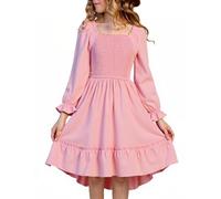 SEAUR Robe Décontractée Automne Fille Robe a Line Manche Longue Basic col Encolure Carrée Smocks Robes Doux Couleur Unie Rose 13-14 Ans