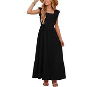 SEAUR Robe d'été pour fille avec grand nœud dans le dos, manches volantées, col carré, robe d'été fluide pour enfants et adolescents de 5 à 15 ans