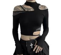 SEAUR Tee Shirt Y2k Goth Femme Crop Tops Emo Ados Fille Steampunk Y2k Tops Vintage Punk Haut Gothique Punk Haut Court Clubbing S
