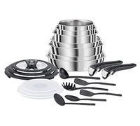 Seb Compact Inox Batterie de cuisine 20 pièces, Induction, Poêles 22/24/26 cm, Casseroles 16/18/20 cm, Sauteuse 24 cm, Couvercles verre + conservation, Spatules, Poignées L953SK04