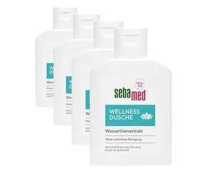 Sebamed Douche bien-être 50 ml dans un format de voyage pratique pour les déplacements, gel douche pour hommes et femmes, avec complexe de soin à base d'extrait de nénuphar et d'allantoïne (Lot de 4)