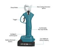 Sécateur électrique portable sans fil 21 V avec étui de transport Batterie au lithium rechargeable 2000 mAh et chargeur Tondeuse de jardin alimentée par branche d'arbre, diamètre de coupe maximum de 3