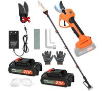 Sécateur Électrique sans Fil avec Manche Télescopique 2 m, 2 x Batteries 2000 mAh, 2 x Lames SK5, Affichage LCD, Cisaille de Jardin Électrique Professionnelle pour Taille des Arbres