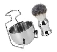 SECFOU Kit de Rasage Homme 3 Pièces Bol à Raser Inox Blaireau de Rasage et Brosse de Nettoyage Support Pratique pour Accessoires Ensemble Complet pour Soins de Barbe