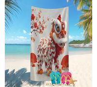 Séchage Rapide Voyages Serviette de Plage 70x140 cm éLéMents De La Danse du Lion Chinoise Anti-Sable,Serviette de Bain,Vacances Essentiels de Plage Blanc Double Face,Légère Absorbante,Drap de Plage