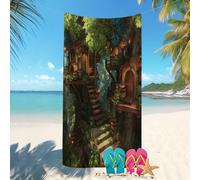 Séchage Rapide Voyages Serviette de Plage 90x180 cm Contes De FéEs ForêTs Cabanes Anti-Sable,Serviette de Bain,Vacances Essentiels de Plage Vert Double Face,Légère Absorbante,Drap de Plage