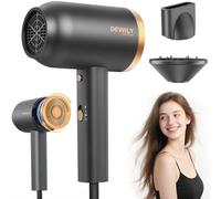 Sèche-cheveux ionique avec diffuseur DEWILY 1800W, séchage rapide, bouton chaud/froid, diffuseur thermostatique, 3 températures, 2 vitesses, avec concentrateur et boucleur, Noir Et Or