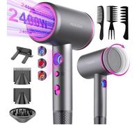 Seche Cheveux ionique Professionnel 2400W Puissant, 3 Températures et 3 Vitesse - avec Support, 2 Concentrateurs, 1 Diffuseur, Gris