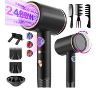 Seche Cheveux ionique Professionnel 2400W Puissant, 3 Températures et 3 Vitesse - avec Support, 2 Concentrateurs, 1 Diffuseur, Noir