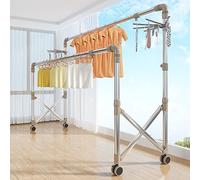 Séchoir à linge autoportant en acier inoxydable pliable et mobile avec 4 roulettes - Cintre robuste avec tringle de suspension - Grande solution de séchage du linge argentée