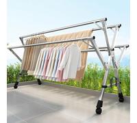 Séchoir à Linge en Acier Inoxydable, étendoir à Linge Portable Pliable Peu Encombrant, étendoir Mobile à 4 roulettes, pour La Lessive, Salle De Bain, Balcon, Silver, 1.35-2m