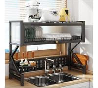 Séchoir à Vaisselle à 2 Niveaux Au-Dessus De L’évier, Organisateur De Comptoir Extensible Multifonctionnel, égouttoir De Stockage, Porte-étagère, Crochets, avec Porte, Black, 100x34.5x82cm