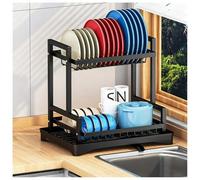 Séchoir à vaisselle multifonction à 2 niveaux avec égouttoir/porte-couverts, séchoir à vaisselle en acier inoxydable au carbone (A)