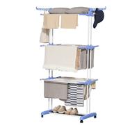 Séchoir étendoir à linge HOMCOM sur roulette pliable cadre en acier ailes latérales intérieure et extérieure 3 niveaux bleu argent