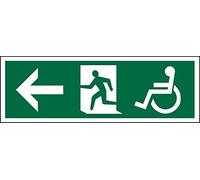 Seco DDA Fire Exit - Flèche pointant vers la gauche, homme qui coule à gauche, pictogramme de fauteuil roulant, 450 mm x 150 mm - Vinyle autocollant