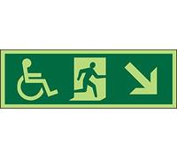 Seco DDA Fire Exit - Panneau pictogramme « fauteuil roulant » avec flèche pointant vers le bas et vers la droite, 450 mm x 150 mm - Photoluminescent 2 mm Acrylique Prestige