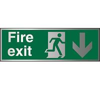 Seco Fire Exit - Fire Exit, Man Running Right, Arrow Pointing Down Sign, 300mm x 100mm - 1.5mm Brushed Aluminium Composite