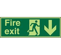 Seco Panneau de sortie de feu - Fire Exit, Man Running Right, flèche pointant vers le bas, 300 mm x 100 mm - Vinyle autocollant photoluminescent