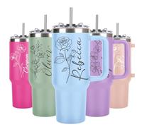 SECOGM 40oz Gobelet Personnalisé avec Poignée Texte Nom 1135ml Mug Isotherme Personnalisable Avec Prénom Cadeaux pour Femme Maman Papa et Amis Anniversaire (Birth Flower)