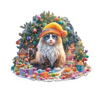 SECOGM Casse-tête en bois pour adultes - Puzzle en bois de chat de Noël 86 pièces - Puzzle unique en forme d'animal coupé en bois - Décoration écologique pour la maison et le bureau (21,3 x 18,8 cm)