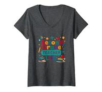Second Grade Teacher Life - Cadeau pour éducateur élémentaire T-Shirt avec Col en V, Femme, Chiné Foncé, S
