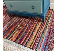 Second Nature Online - Tapis de fêtes à franges tissé à la main avec des bandes de tissu recyclées - Tapis à rayures multicolores - Respectueux de l'environnement (format S, 60 x 90 cm)