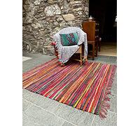 Second Nature Online - Tapis de fêtes à franges tissé à la main avec des bandes de tissu recyclées - Tapis à rayures multicolores - Respectueux de l'environnement (format M carré, 150 x 150 cm)