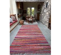 Second Nature Online - Tapis de fêtes à franges tissé à la main avec des bandes de tissu recyclées - Tapis à rayures multicolores - Respectueux de l'environnement (format L, 150 x 300 cm)