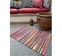 Second Nature Online Tapis en tissus recyclés tissés à plat à la main Tapis fabriqué de manière éthique en Inde Disponible en petite, moyenne et grande taille, Coton mélangé, multicolore, 60 x 90 cm