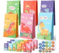 Secpeak Lot de 18 Sacs Cadeaux Dinosaure avec 24 Autocollants, Sacs de Confiture Cadeau DIY pour Bonbons, Biscuits,Petits Jouets 24 x 13 x 8 cm