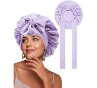 SECRET AROMA Bonnet de nuit en satin, grand bonnet avec lien à nouer, bonnet de nuit pour cheveux bouclés naturels avec lien à nouer