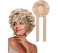 SECRET AROMA Bonnet de nuit en satin, grand bonnet avec lien à nouer, bonnet de nuit pour cheveux bouclés naturels avec lien à nouer