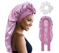 SECRET AROMA Bonnet long en satin et soie pour femme, avec lien à nouer, pour cheveux tressés et bouclés