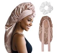 SECRET AROMA Bonnet long en satin et soie pour femme, avec lien à nouer, pour cheveux tressés et bouclés