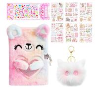 Secret Diary with Lock for Girls, Cute Plush Bear Secret Diary Gift Set,Kids Journal Notebook whit Cute Plush Cat Keychain, Crystal Heart Stickers, 6 Cartoon Stickers, for 6-13 Year Old Girls