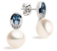 SECRET & YOU Boucles d'Oreilles Femme Perles de Culture d'Eau Douce Bouton 8-9 mm | Argent 925 Rhodié avec Spinelle Bleu et Zirconiums | Design Toi et Moi | Qualité AAA