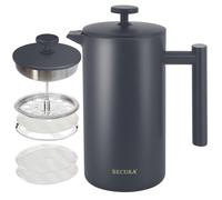 Secura Cafetière à piston, presse à café isotherme en acier inoxydable de qualité 304 avec 2 écrans supplémentaires, 1 litre, gris