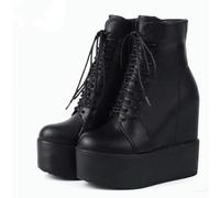 SECWL 14CM Punk Style Compensées Bottines Noir Semelle en Caoutchouc Chaussures Plateforme Bottes Femmes Laçage Automne Sexy Dame Plateforme Talons Chaussures