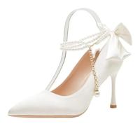 SECWL Taille 35-40 Talon Aiguille Bout Pointu Perles Boucle Ceinture 9 cm Talon Haut Dames Nœud Tissu satiné Chaussures de Mariage Blanches Escarpins pour Femmes