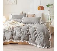 Sedefen Feuille de Lotus Housse de Couette 140x200cm + 1 taie d'oreiller 65x65cm Ado Fille Adulte Gris Blanc Volants Romantique Parure de Lit 1 Personne Avez Fermeture Éclair